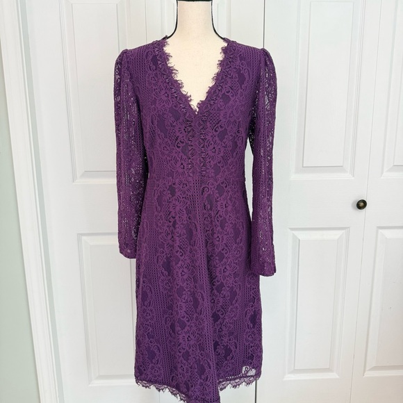 Suzanne Betro Dresses & Skirts - Suzanne Betro Lace Long Sleeve Purple V Neck Boho Evening Party Cocktail Dress M